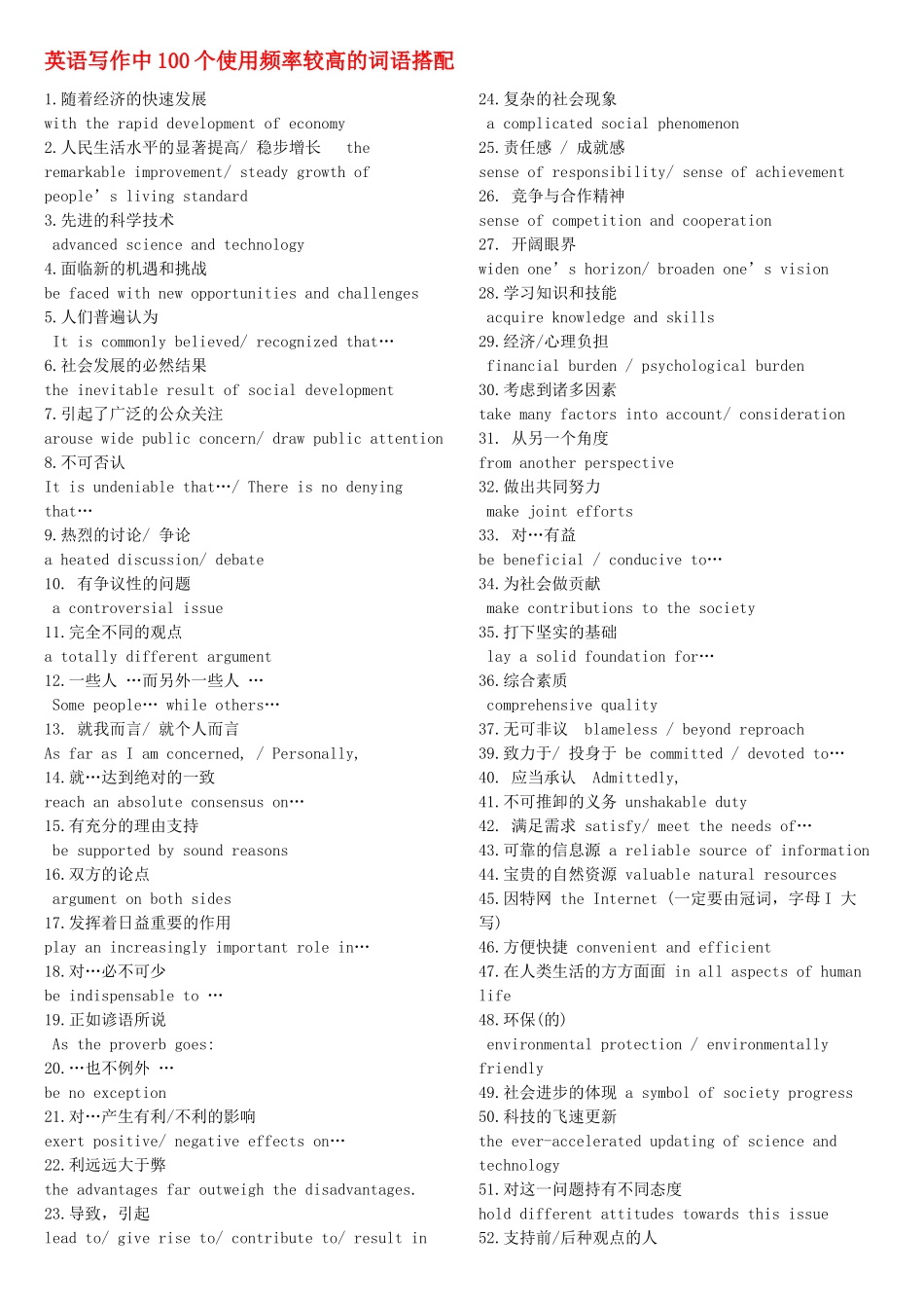高三英语 写作中100个使用频率较高的词语搭配教案_第1页