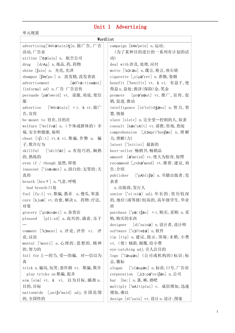 高三英语 专题复习 Unit 1 Advertising学案（无答案）牛津译林版必修4-牛津版高三必修4英语学案_第1页