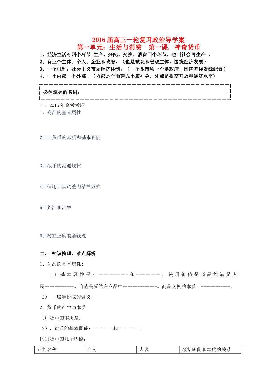 高三政治一轮复习 第一课 神奇货币导学案-人教版高三全册政治学案_第1页