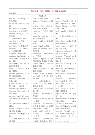 高三英语 专题复习 Unit 1 The world of our senses学案（无答案）牛津译林版必修3-牛津版高三必修3英语学案