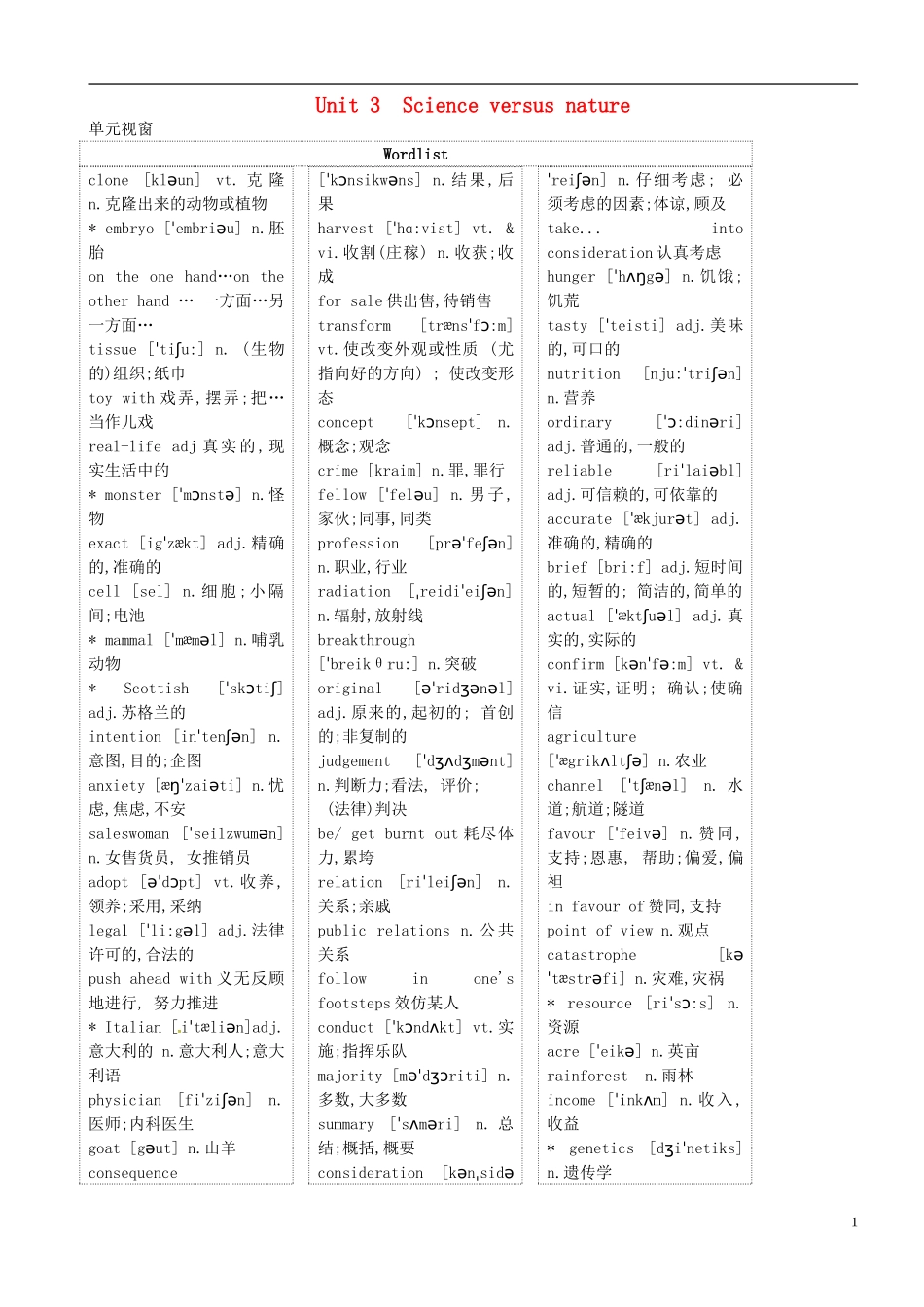 高三英语 专题复习 Unit 3 Science versus nature学案（无答案）牛津译林版必修5-牛津版高三必修5英语学案_第1页