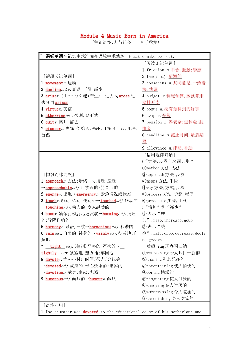 高三英语一轮复习 Module 4 Music Born in America预习案 外研版选修7-外研版高三选修7英语学案_第1页