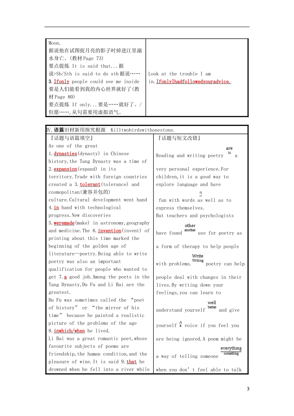 高三英语一轮复习 Module 6 The Tang Poems预习案 外研版选修8-外研版高三选修8英语学案_第3页