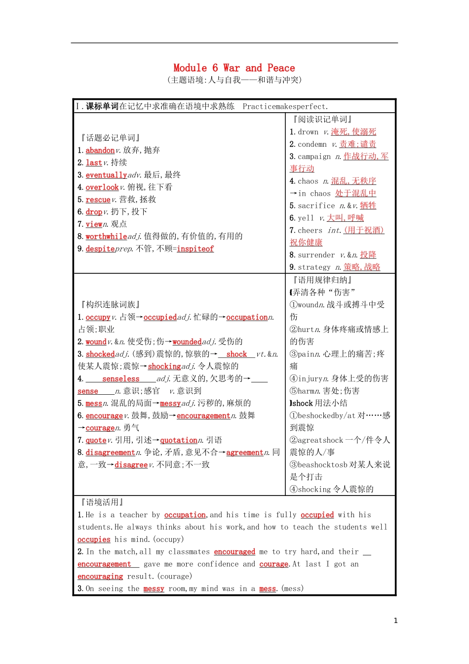 高三英语一轮复习 Module 6 War and Peace 预习案 外研版选修6-外研版高三选修6英语学案_第1页