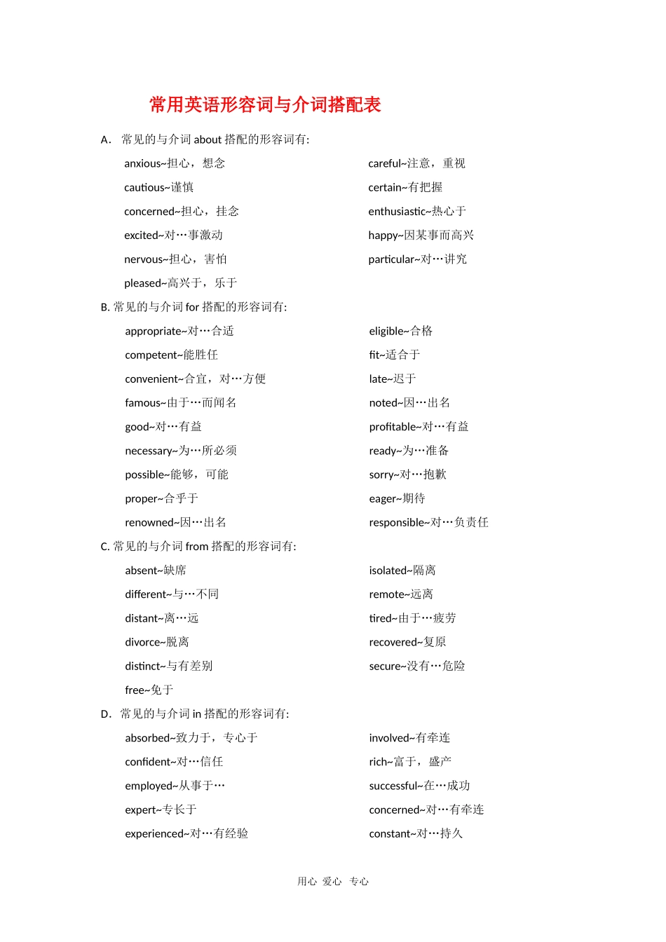 高三英语素材：常用英语形容词与介词搭配表_第1页