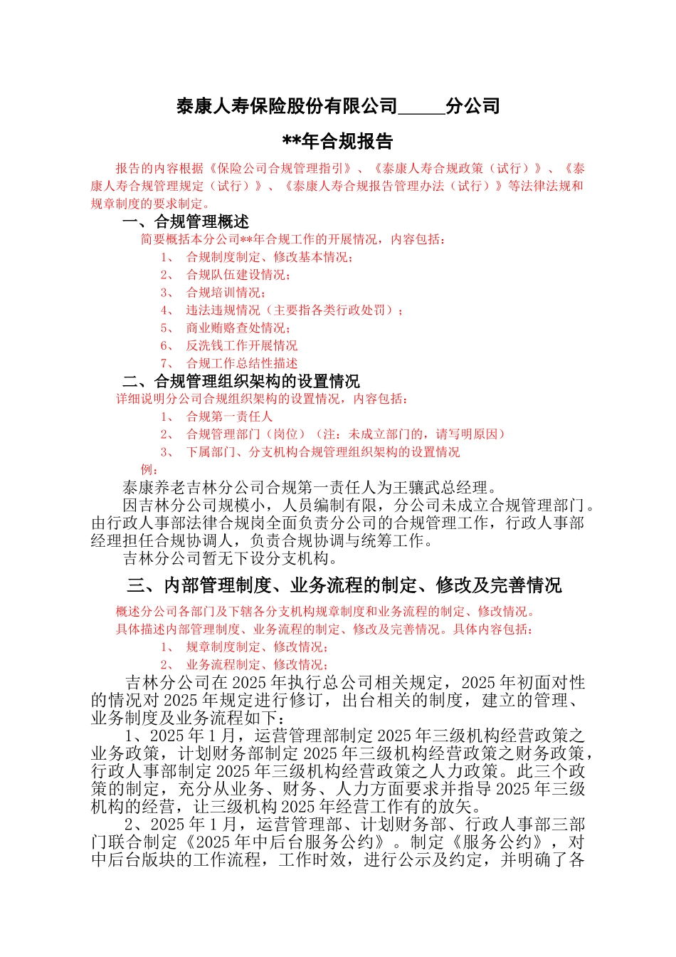 保险公司年度合规报告模板_第1页