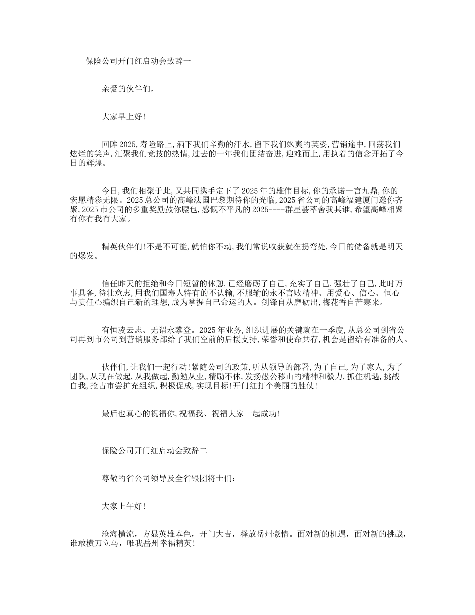 保险公司开门红启动会致辞_第1页