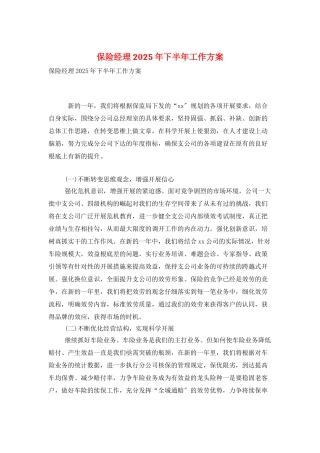保险经理2025年下半年工作计划