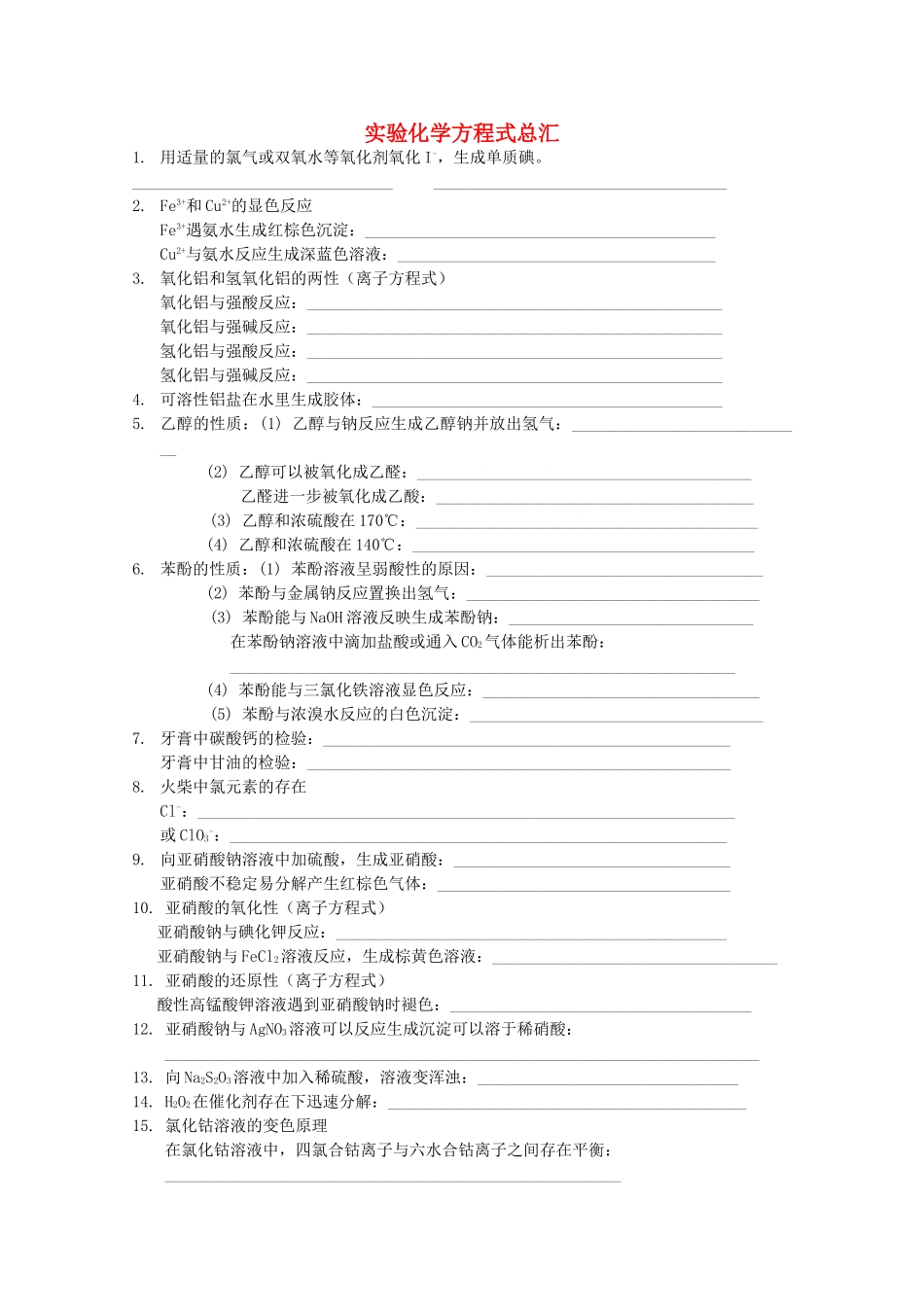 高中化学 《实验化学方程式总汇》素材 苏教版选修6_第1页