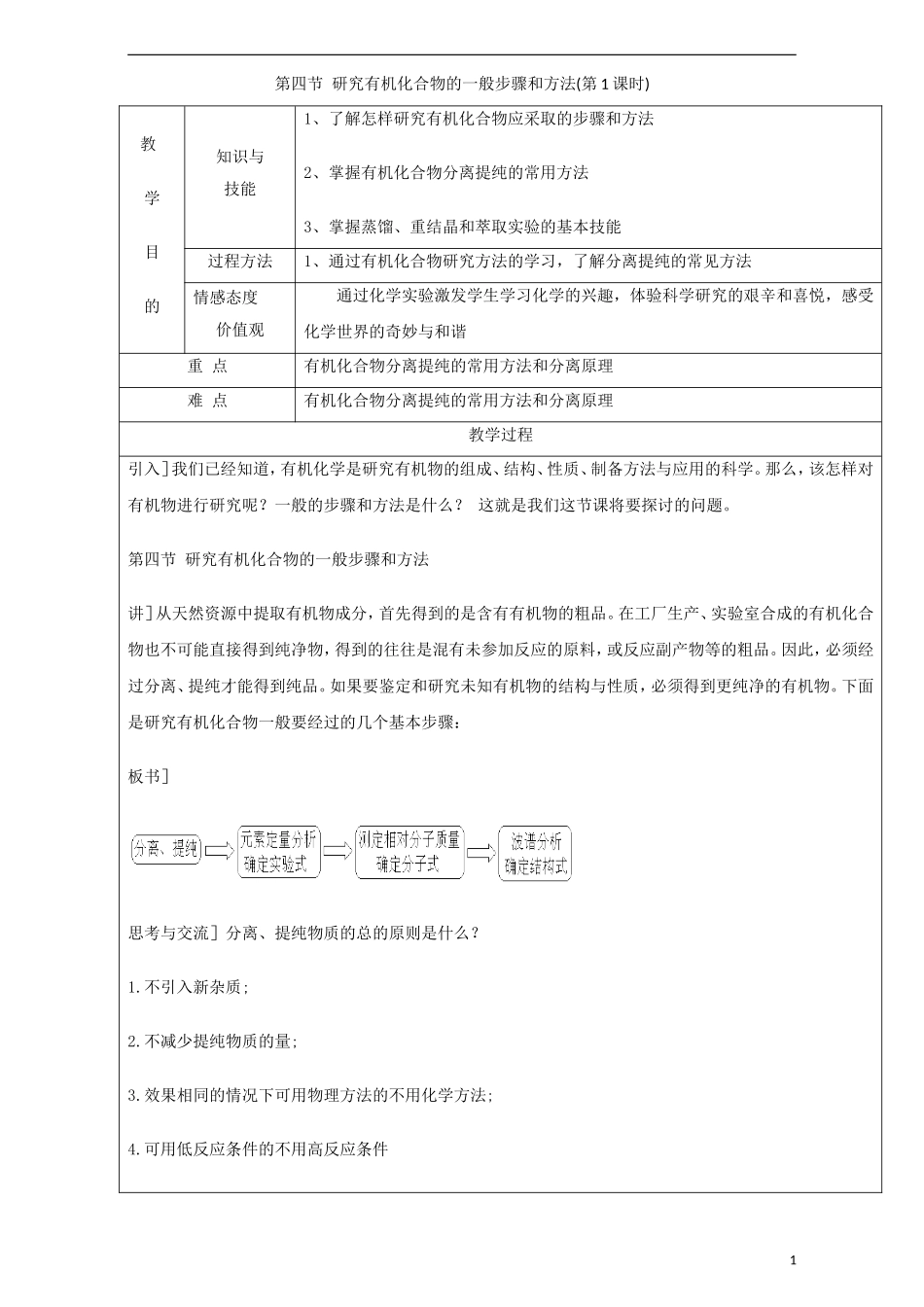 高中化学 专题1.4.1 研究有机物的一般步骤和方法教学案 新人教版选修5-新人教版高中选修5化学教学案_第1页
