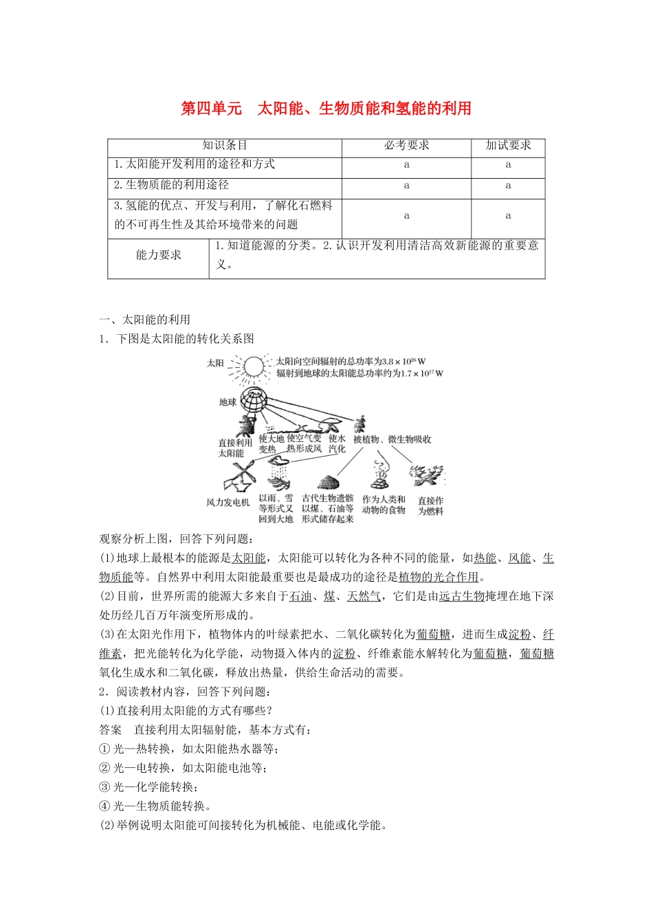 高中化学 专题2 化学反应与能量变化 第四单元 太阳能、生物质能和氢能的利用教学案 苏教版必修2-苏教版高一必修2化学教学案_第1页