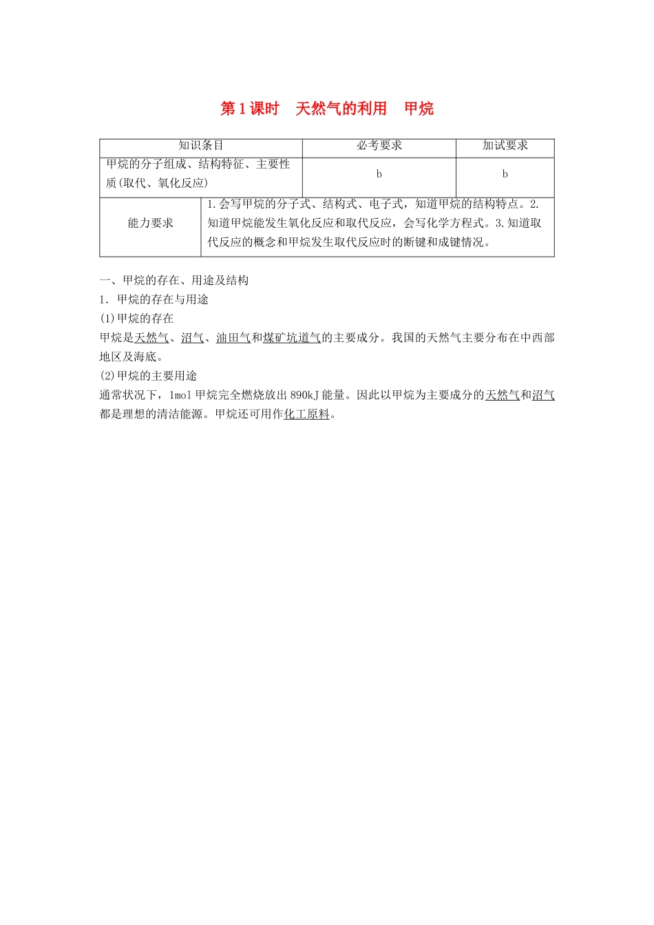 高中化学 专题3 有机物的获得与利用 第一单元 天然气的利用 甲烷 第1课时教学案 苏教版必修2-苏教版高一必修2化学教学案_第1页