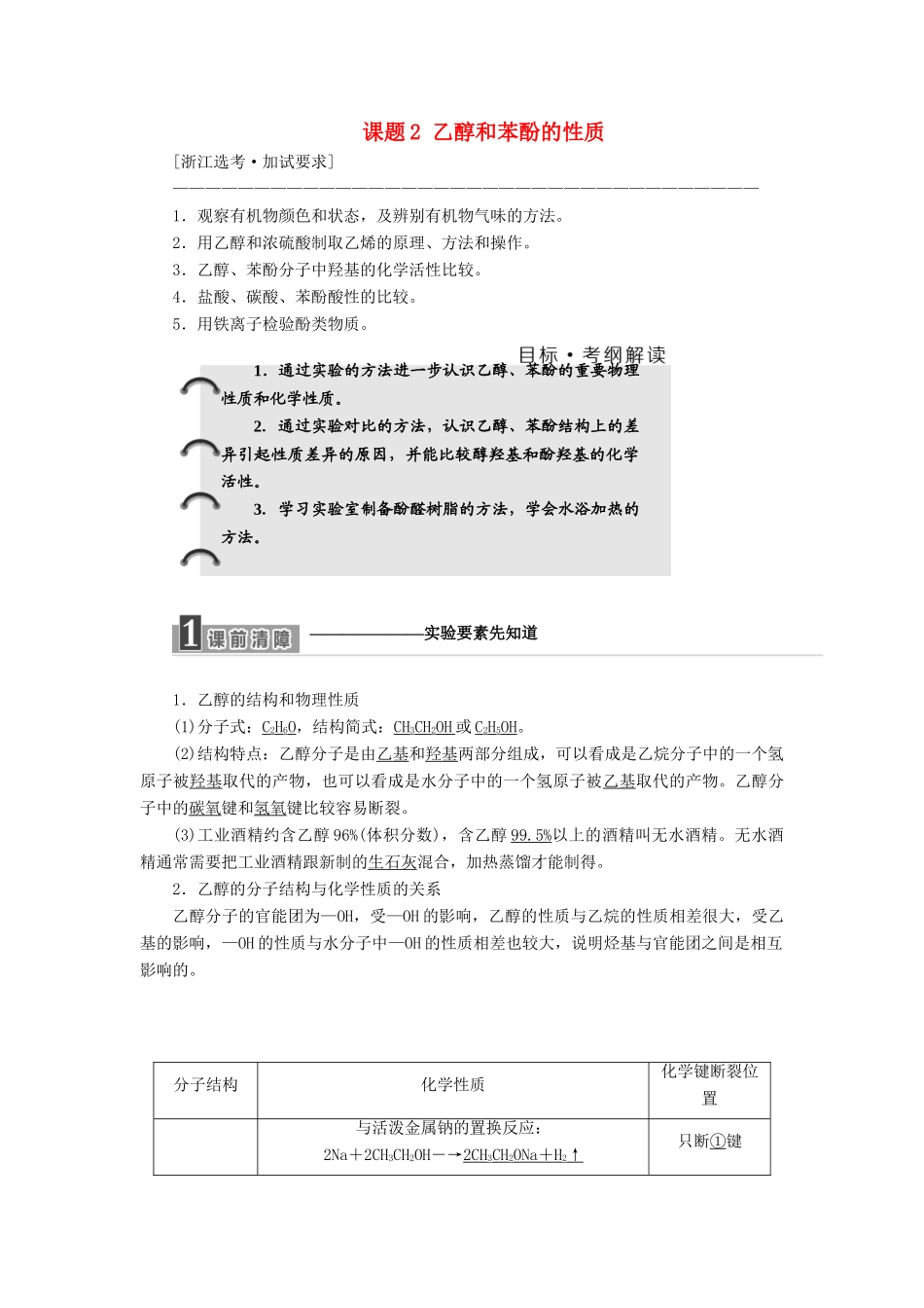高中化学 专题2 物质性质的研究 课题2 乙醇和苯酚的性质教学案 苏教版选修6-苏教版高二选修6化学教学案_第1页
