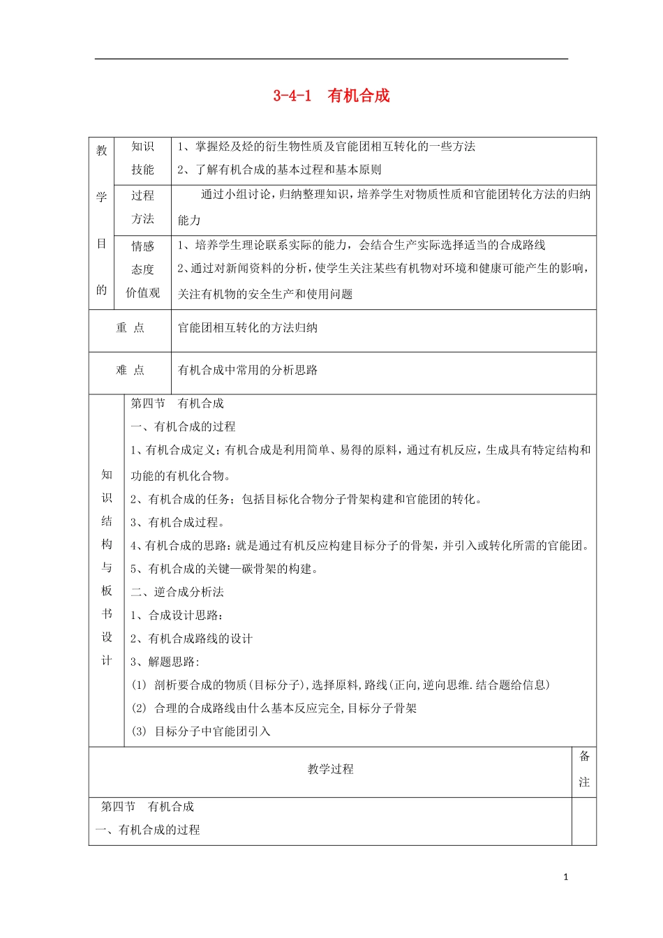 高中化学 专题3.4.1 有机合成教学案 新人教版选修5-新人教版高二选修5化学教学案_第1页