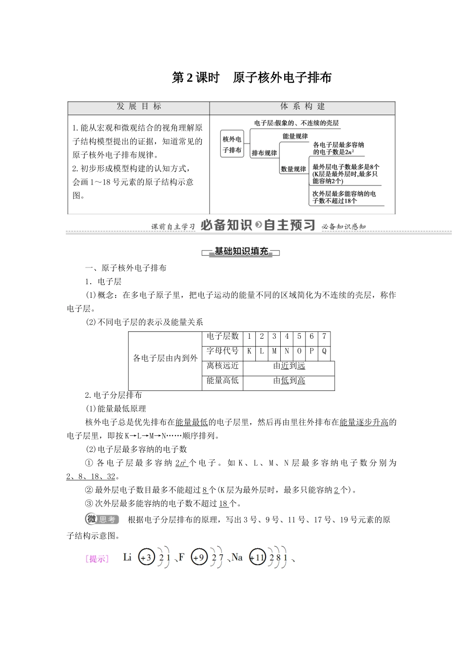 高中化学 专题2 研究物质的基本方法 第3单元 第2课时 原子核外电子排布教学案 苏教版必修第一册-苏教版高中第一册化学教学案_第1页