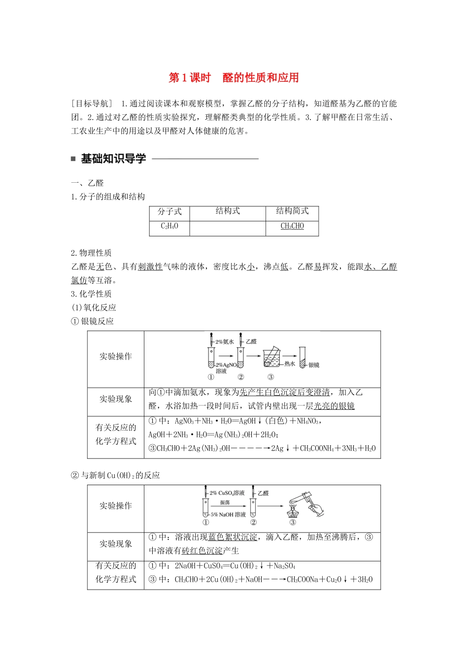 高中化学 专题4 烃的衍生物 第三单元 醛羧酸 第1课时 醛的性质和应用教学案 苏教版选修5-苏教版高二选修5化学教学案_第1页