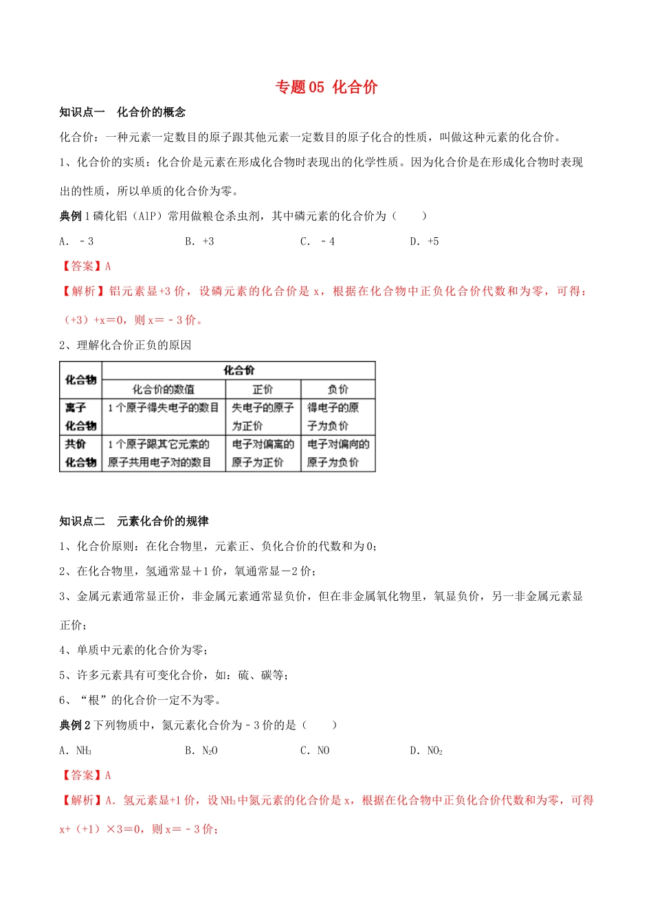 高中化学 专题05 化合价教学案（含解析）-人教版高中全册化学教学案_第1页