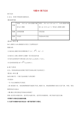 高中化学 专题09 离子反应教学案（含解析）-人教版高中全册化学教学案