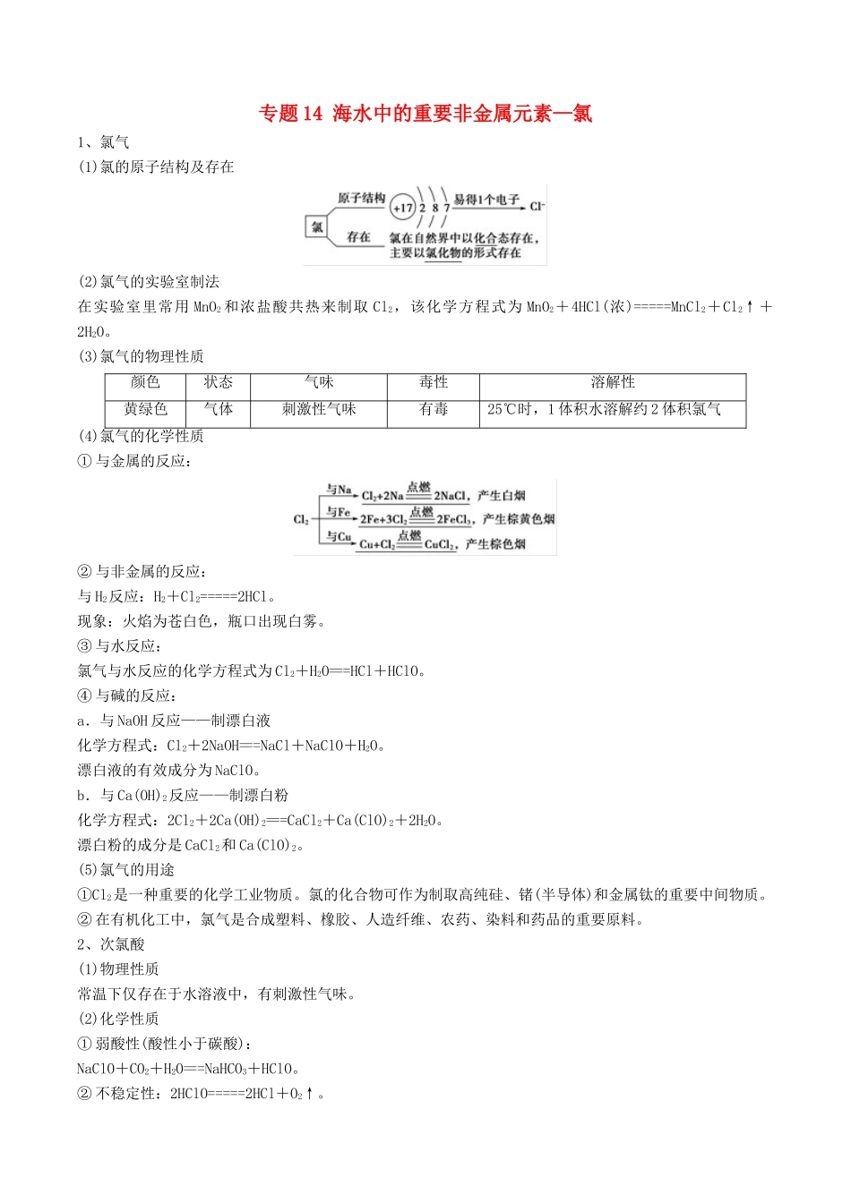 高中化学 专题14 海水中的重要非金属元素—氯教学案（含解析）-人教版高中全册化学教学案_第1页