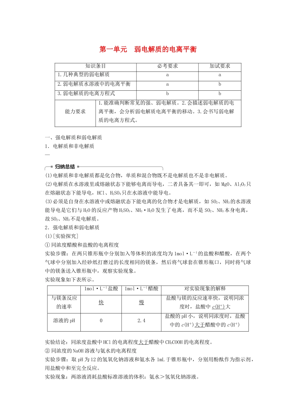 高中化学 专题5 溶液中的离子平衡 第一单元 弱电解质的电离平衡教学案 苏教版必修2-苏教版高一必修2化学教学案_第1页