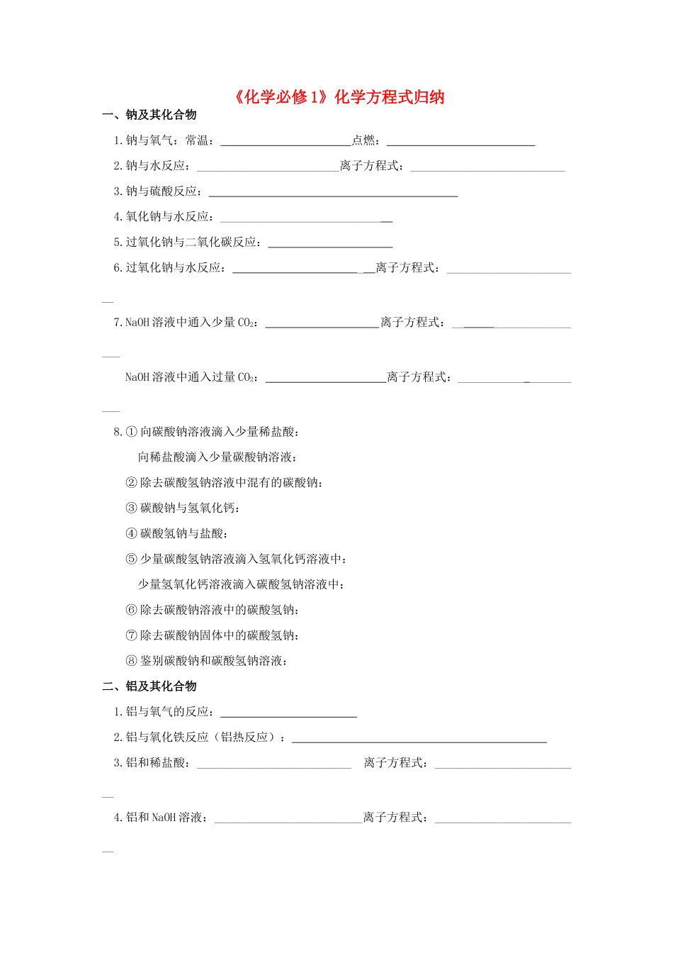 高中化学 方程式归纳素材 新人教版必修1_第1页