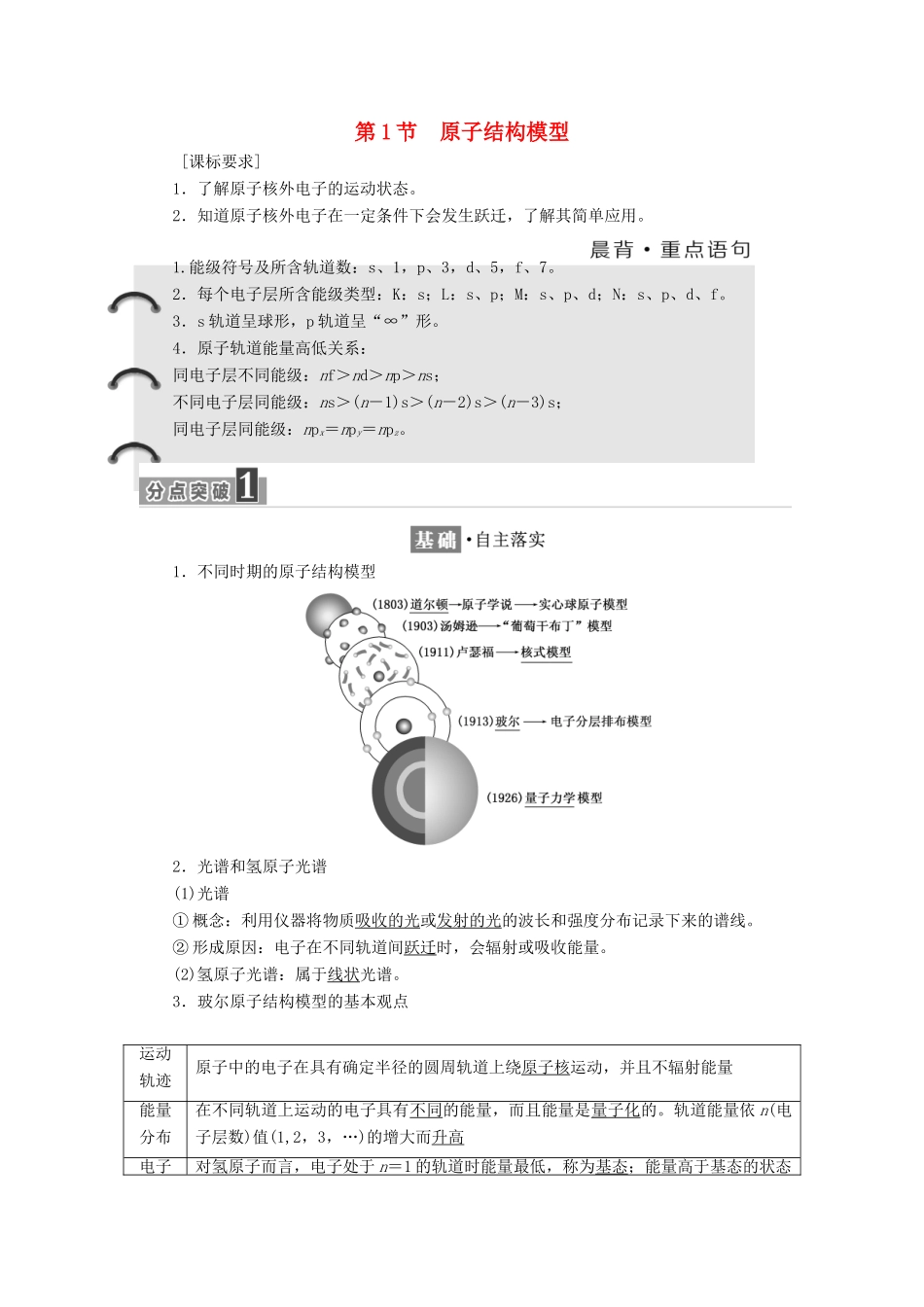 高中化学 第1章 原子结构 第1节 原子结构模型教学案 鲁科版选修3-鲁科版高二选修3化学教学案_第1页