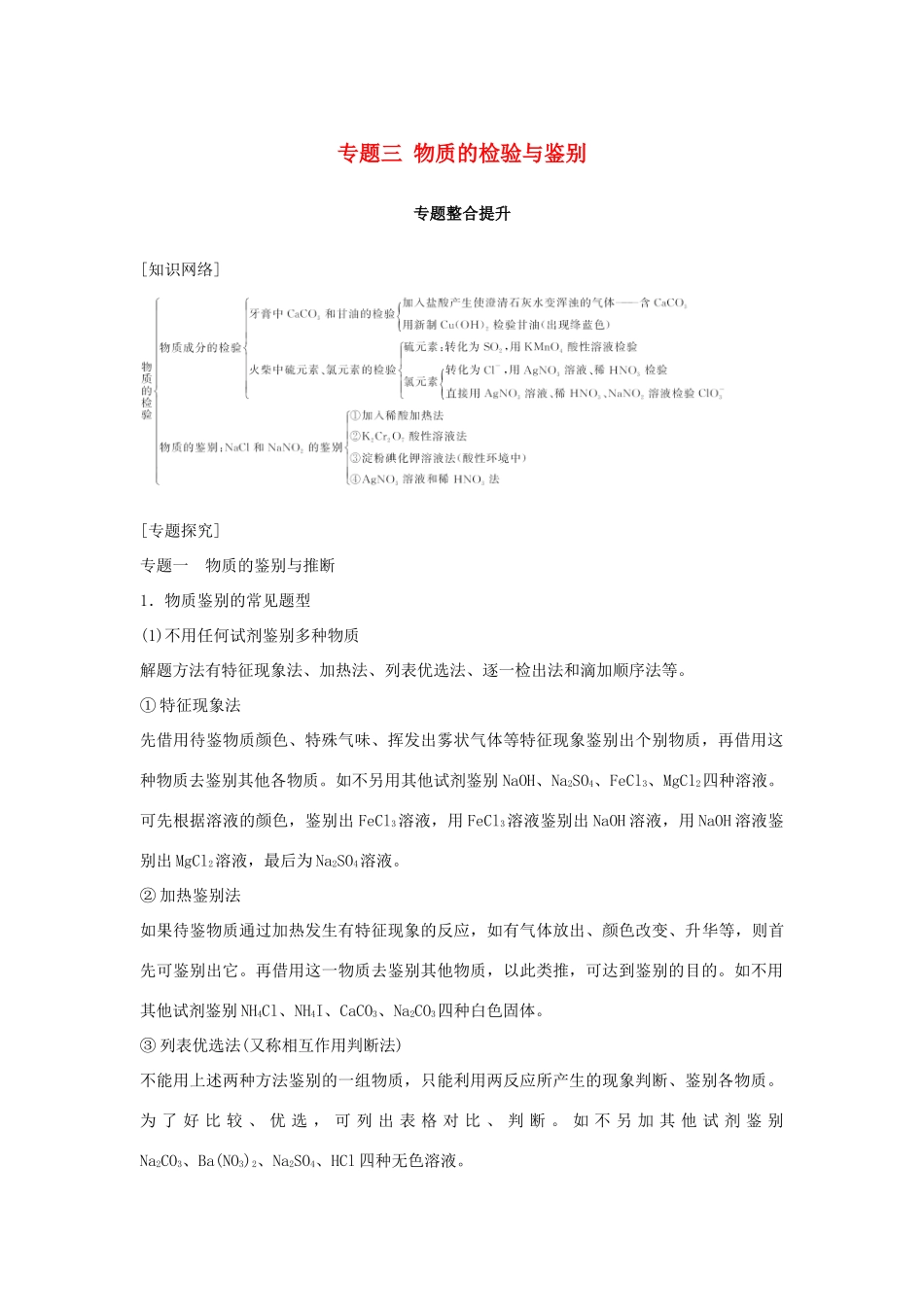 高中化学 专题三 物质的检验与鉴别专题整合提升教学案 苏教版选修6-苏教版高二选修6化学教学案_第1页