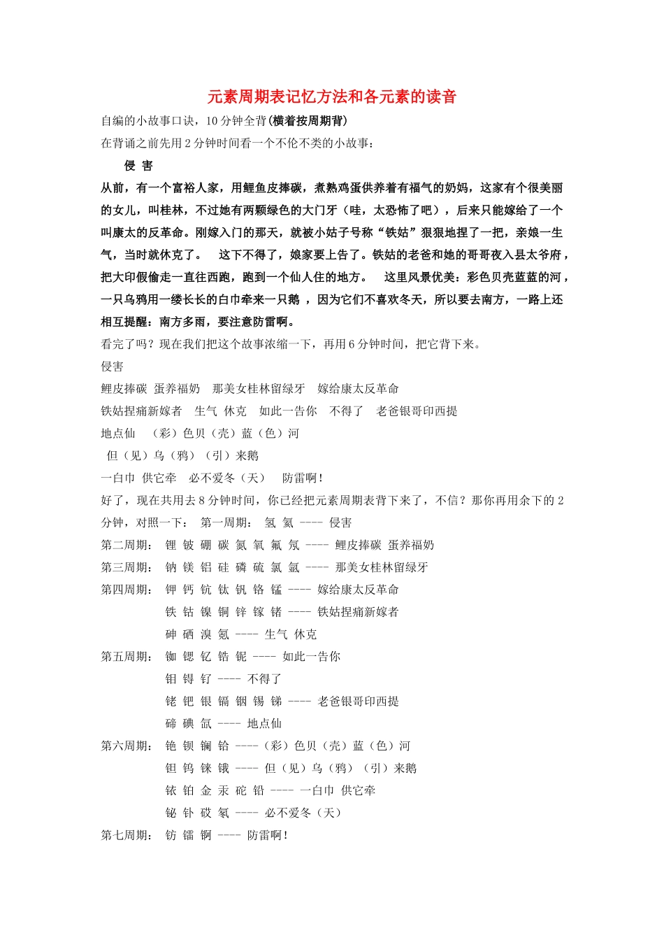 高中化学 元素周期表记忆方法和各元素的读音素材_第1页