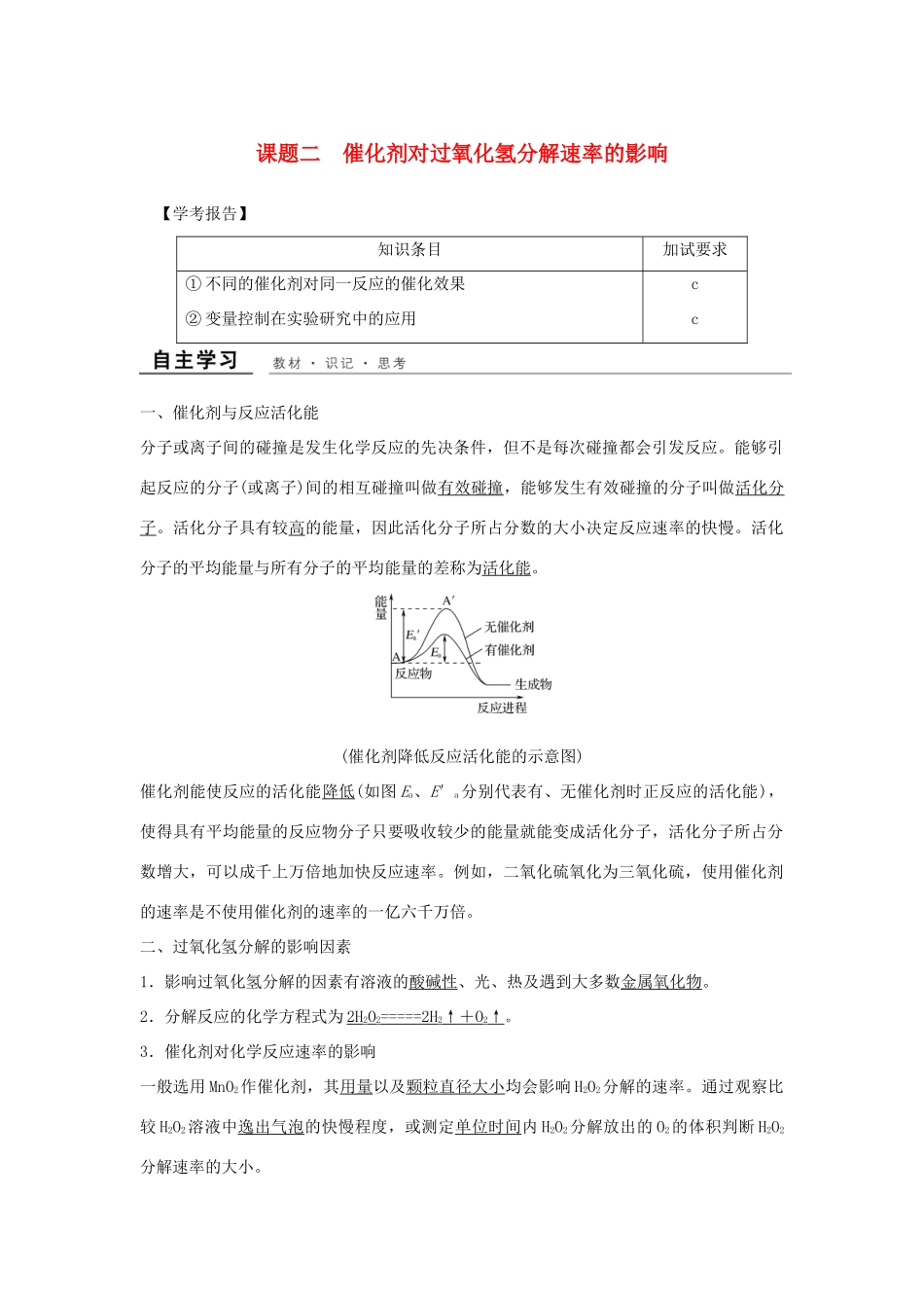 高中化学 专题四 化学反应条件的控制 课题2 催化剂对过氧化氢分解速率的影响教学案 苏教版选修6-苏教版高二选修6化学教学案_第1页