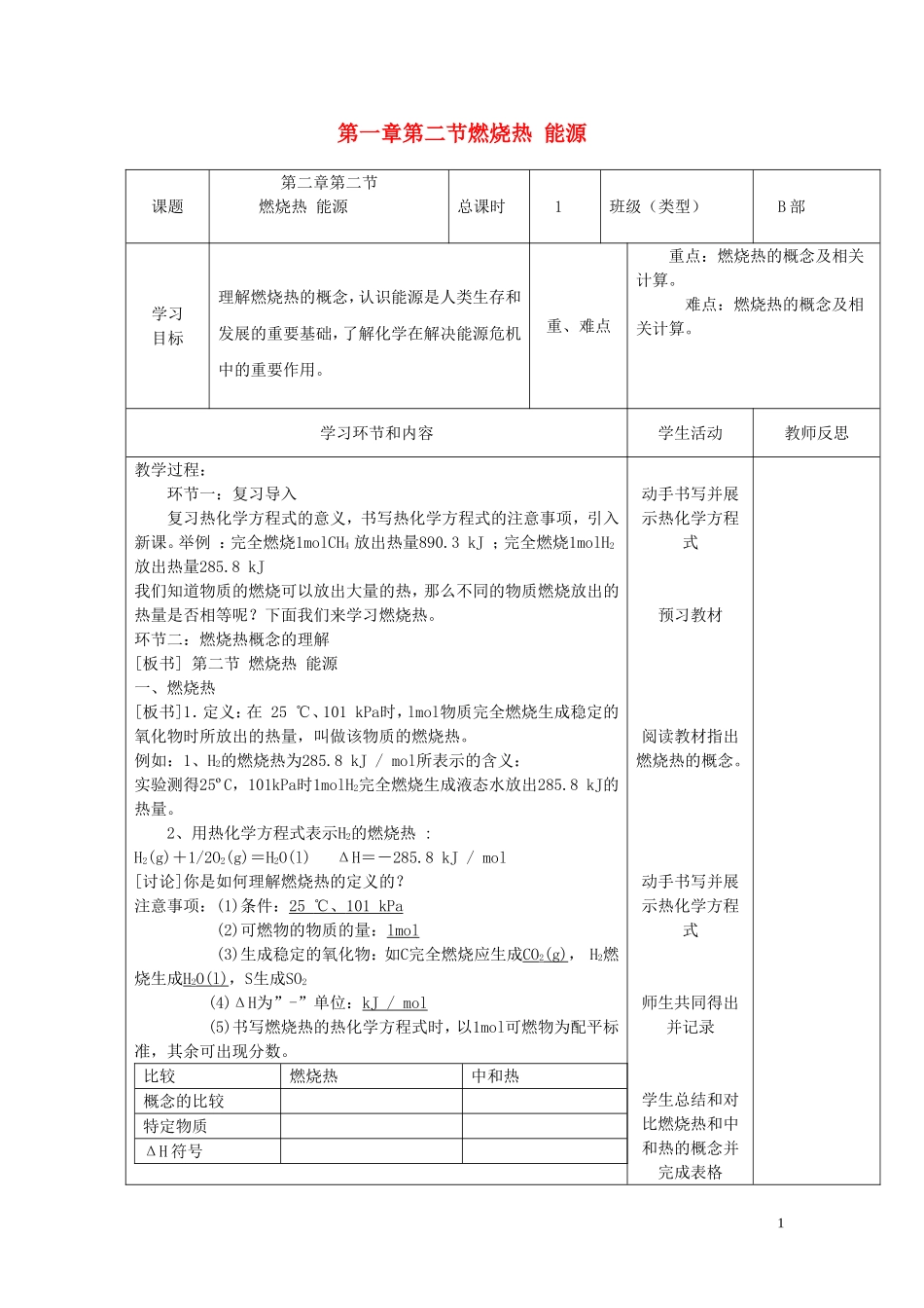 高中化学 第一章 第二节 燃烧热 能源教学案 新人教版选修4-新人教版高二选修4化学教学案_第1页