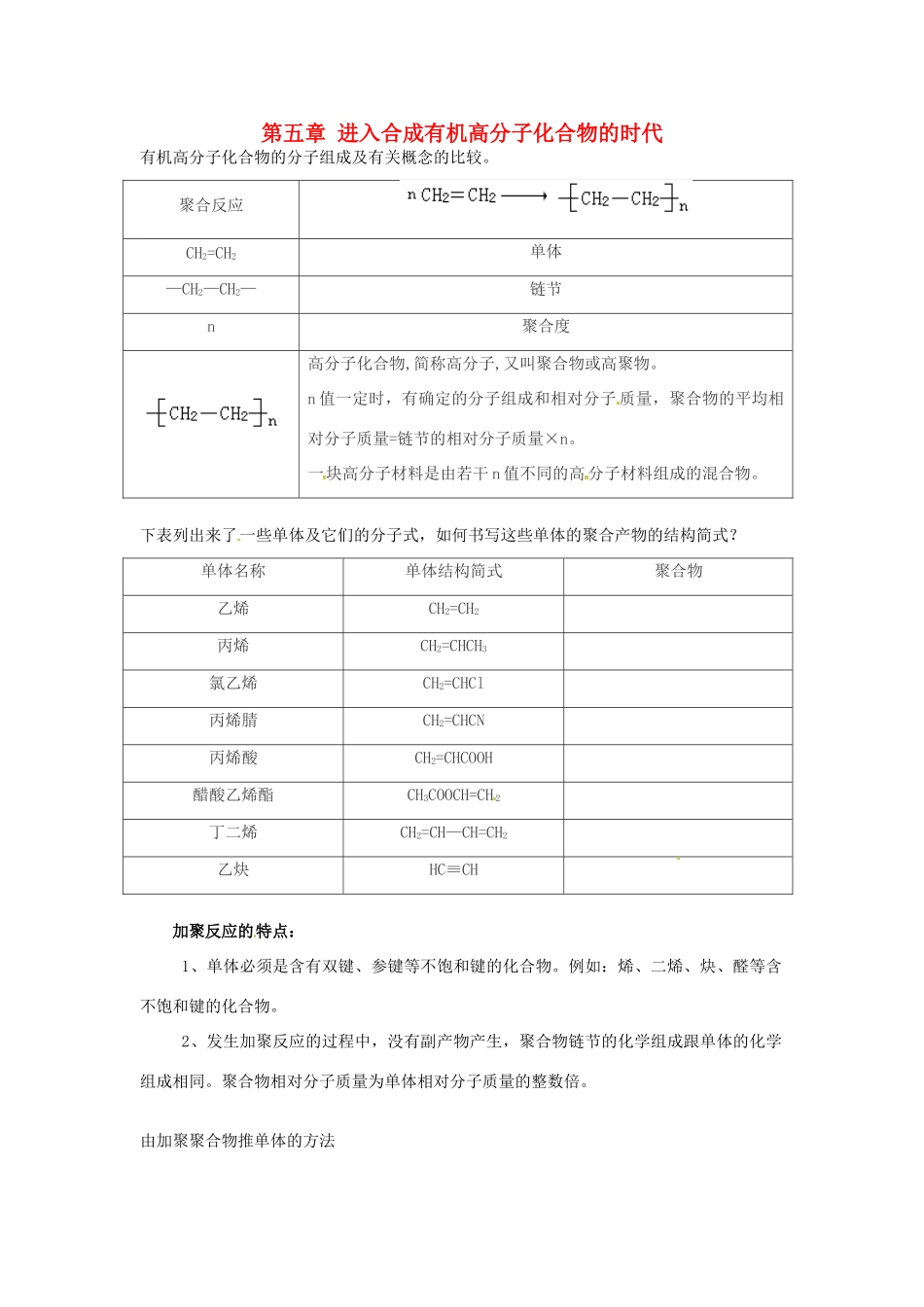 高中化学 第五章《进入合成有机高分子化合物的时代》知识点总结 新人教版选修5-新人教版高二选修5化学素材_第1页