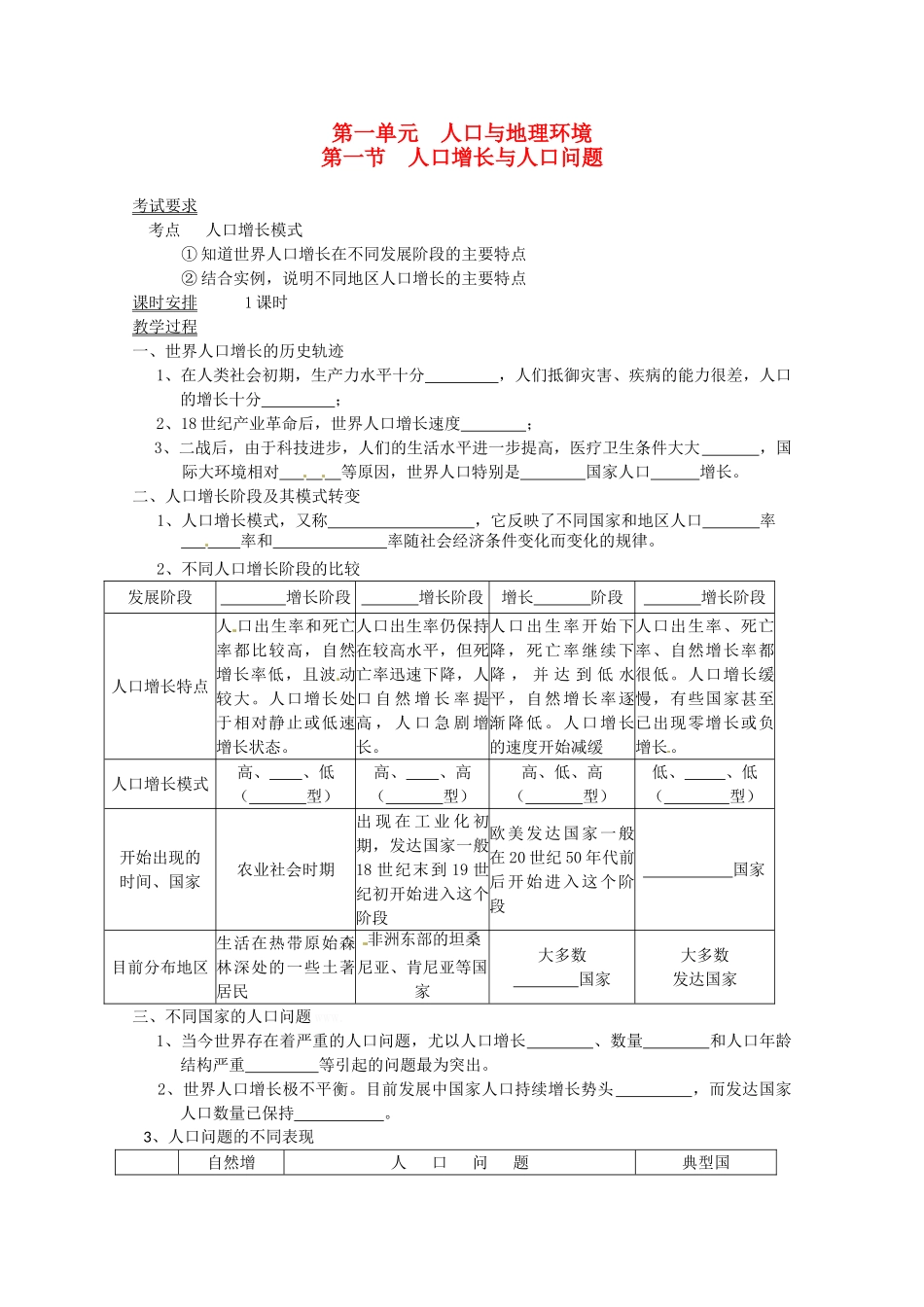 高中地理 1.1人口增长与人口问题学案 鲁教版必修2_第1页