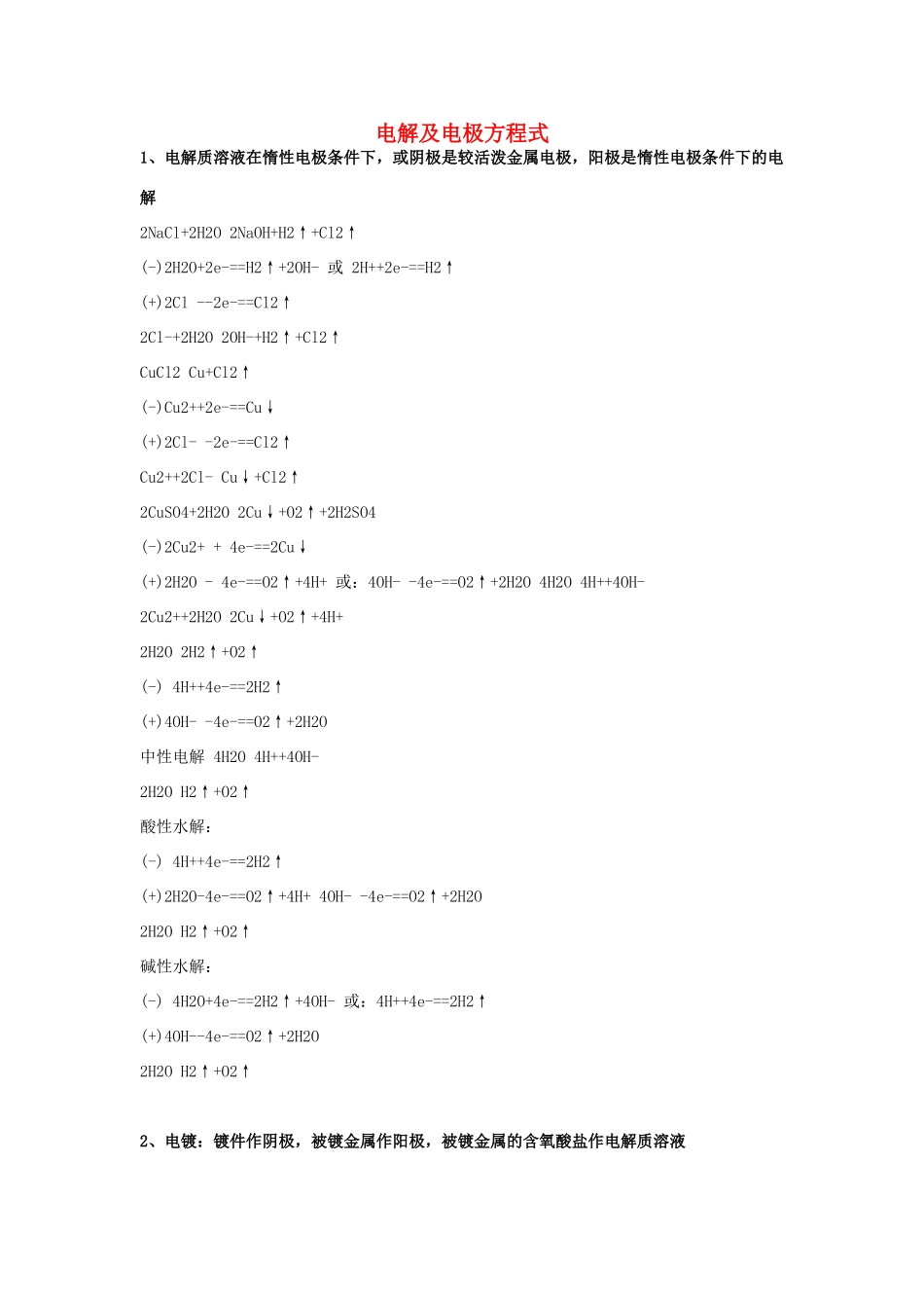 高中化学方程式 电解及电极方程式素材-人教版高中全册化学素材_第1页