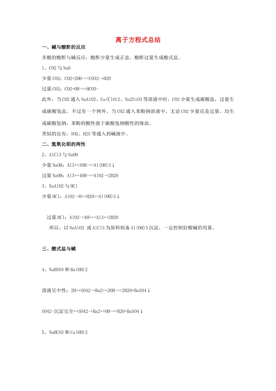 高中化学方程式 离子方程式总结素材-人教版高中全册化学素材_第1页