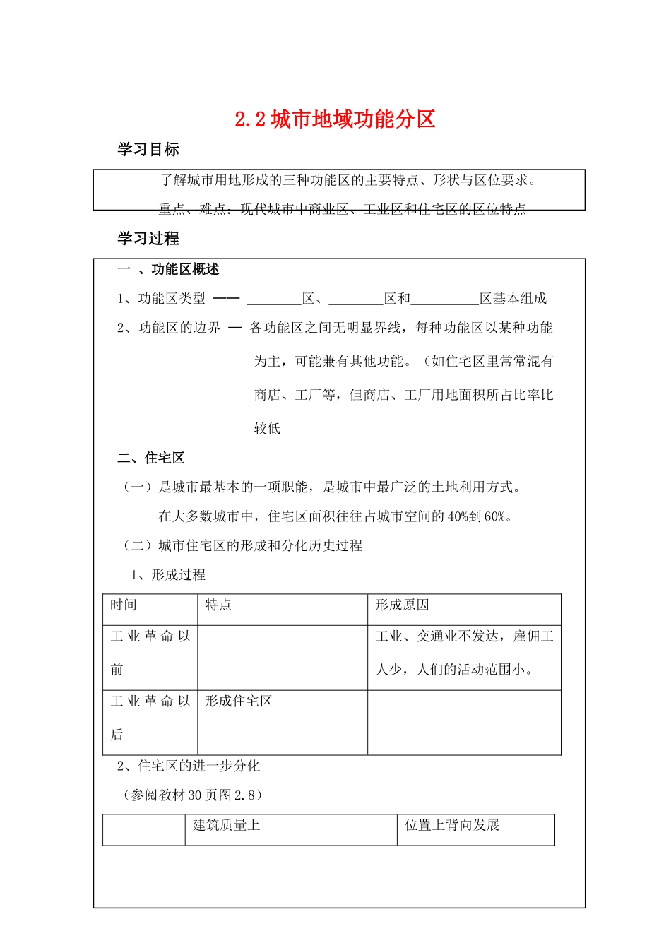 高中地理 2.2《城市地域功能分区》学案 旧人教版选修1_第1页