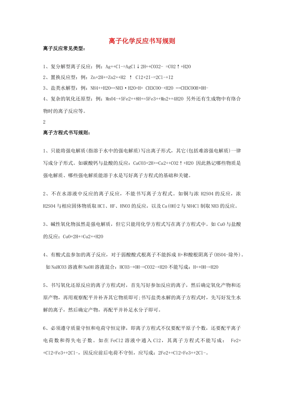 高中化学方程式 离子化学反应书写规则素材-人教版高中全册化学素材_第1页