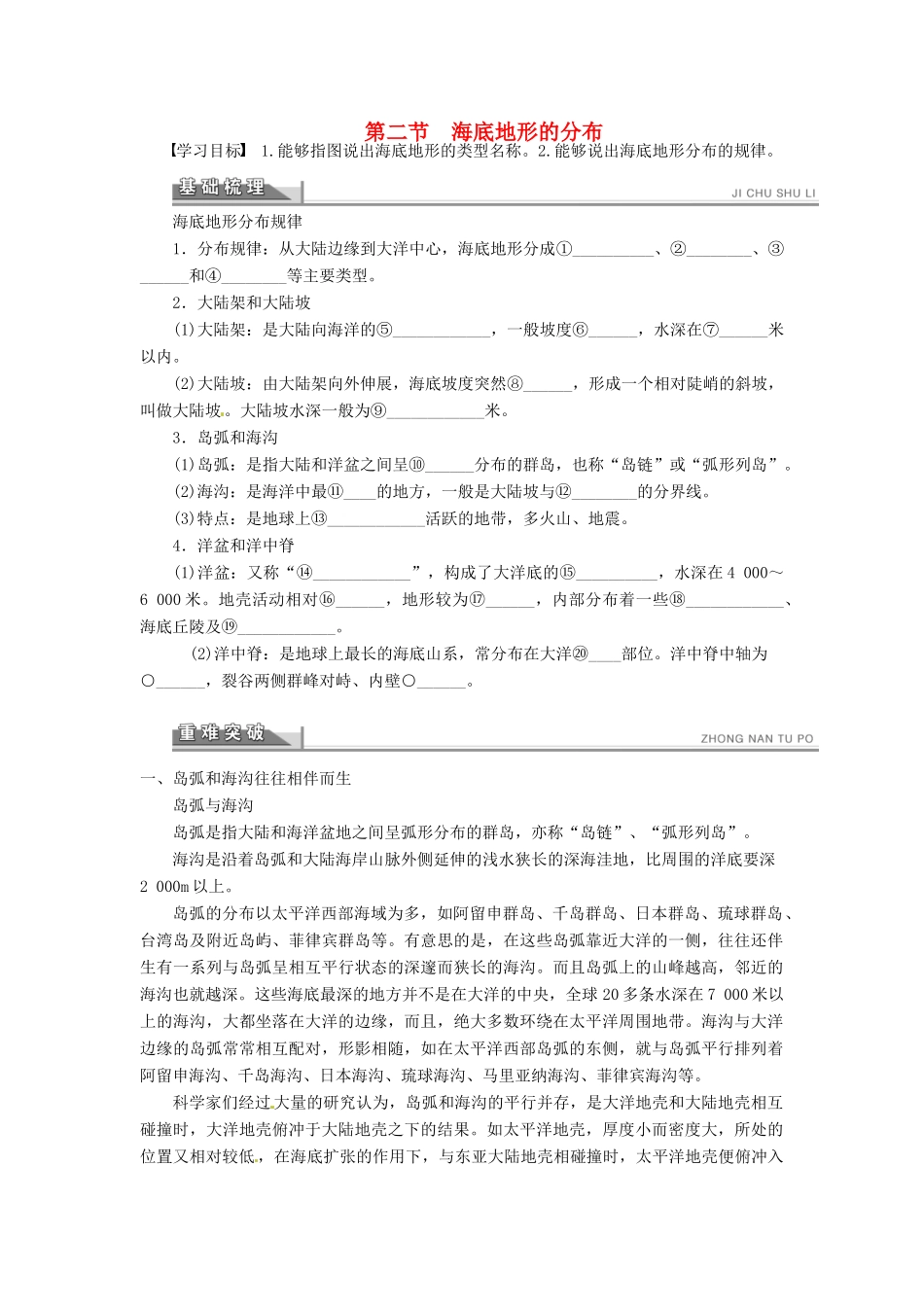 高中地理 2.2海底地形的分布学案 新人教版选修2-新人教版高二选修2地理学案_第1页