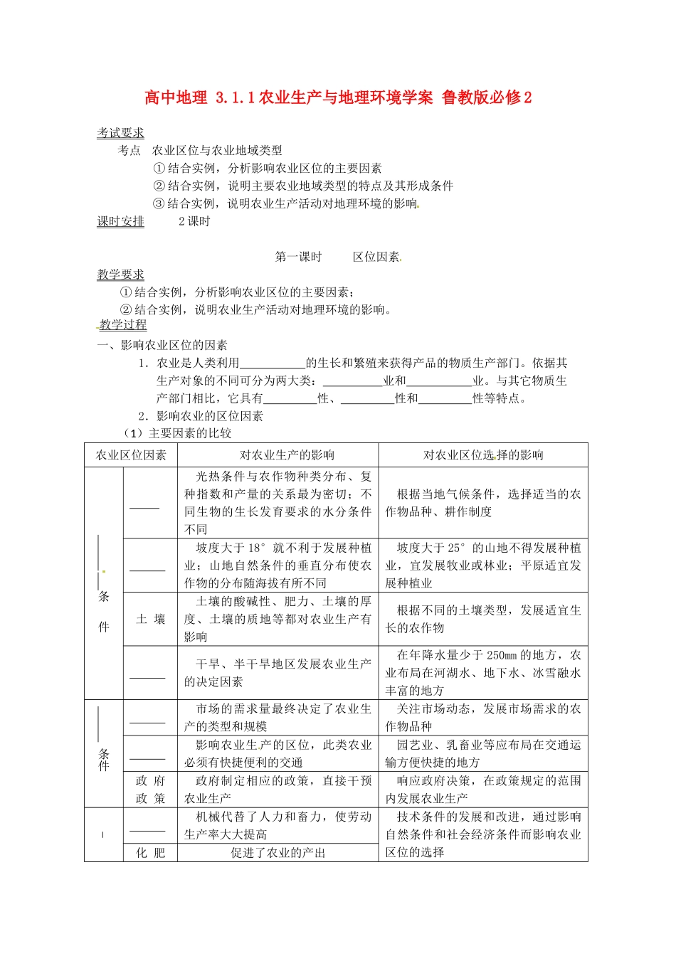 高中地理 3.1.1农业生产与地理环境学案 鲁教版必修2_第1页