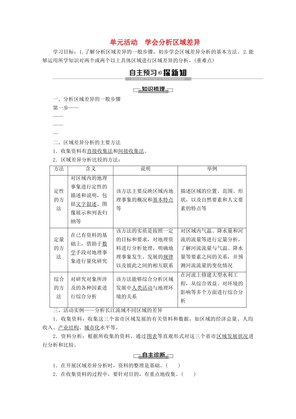 高中地理 第1单元 区域地理环境与人类活动 单元活动 学会分析区域差异学案 鲁教版必修3-鲁教版高二必修3地理学案_第1页