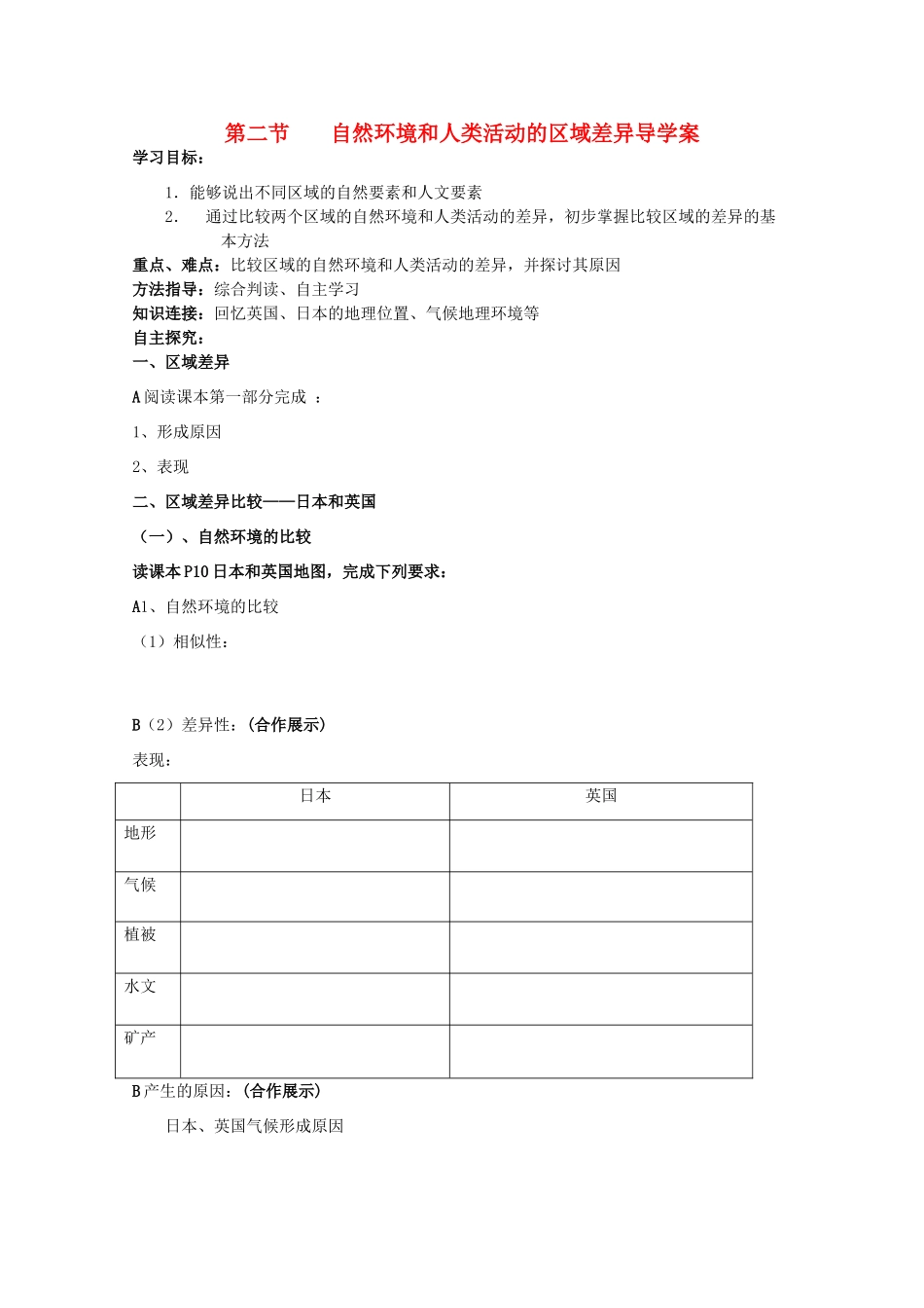 高中地理 1.2《自然环境和人类活动的区域差异》导学案 鲁教版必修3_第1页