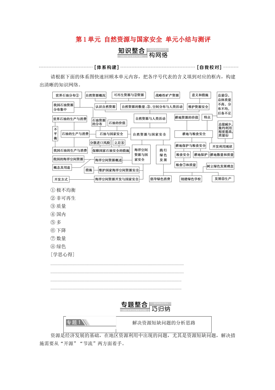 高中地理 第1单元 自然资源与国家安全 单元小结与测评学案 鲁教版选择性必修3-鲁教版高中选择性必修3地理学案_第1页