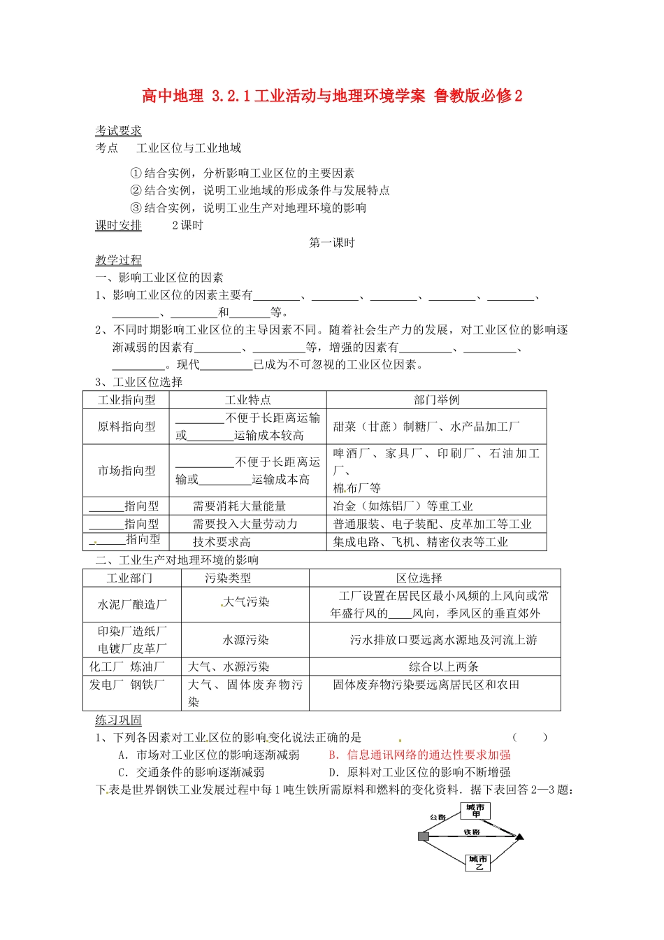 高中地理 3.2.1工业活动与地理环境学案 鲁教版必修2_第1页