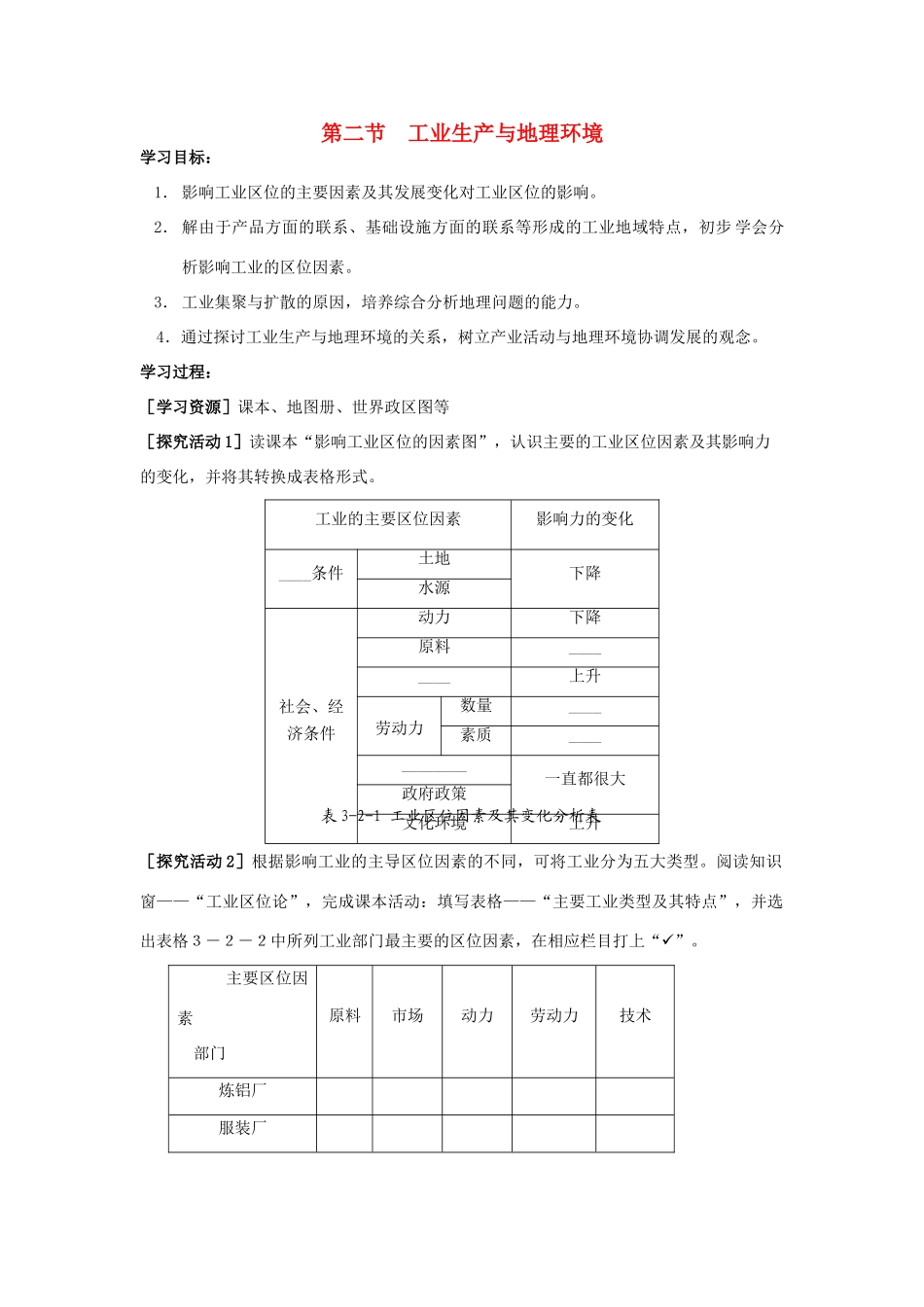 高中地理 3.2《工业生产与地理环境》学案2 鲁教版必修2_第1页