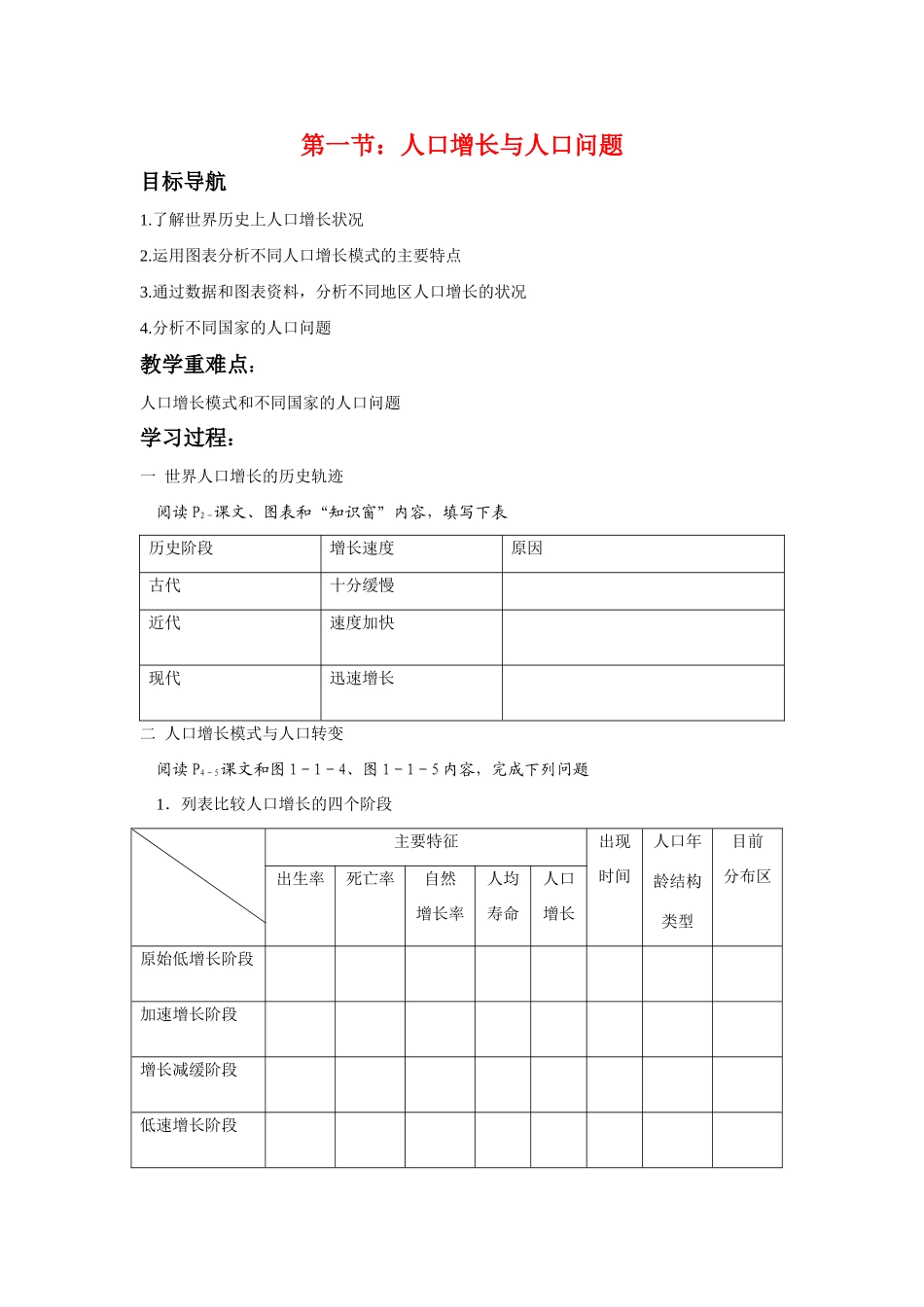 高中地理 人口增长与人口问题学案 鲁教版必修2_第1页