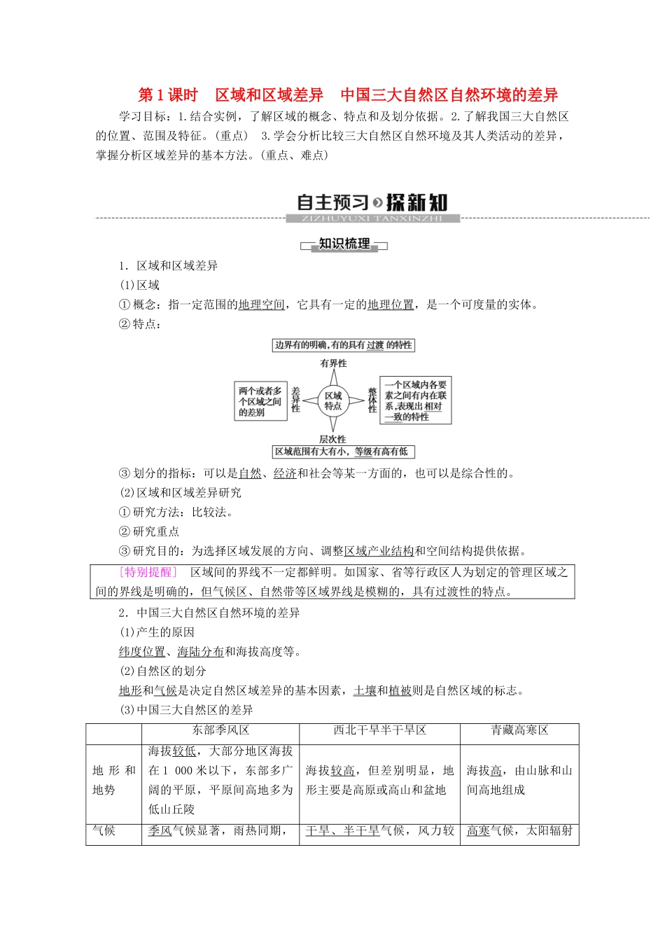 高中地理 第1章 区域地理环境和人类活动 第1节 区域和区域差异 第1课时 区域和区域差异 中国三大自然区自然环境的差异学案 中图版必修3-中图版高二必修3地理学案_第1页