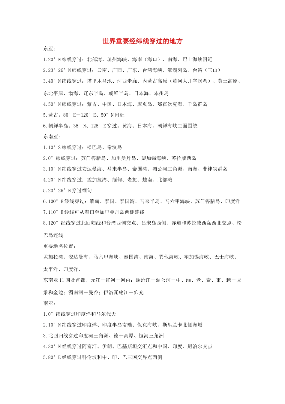 高中地理 世界重要经纬线穿过的地方素材 人教版_第1页