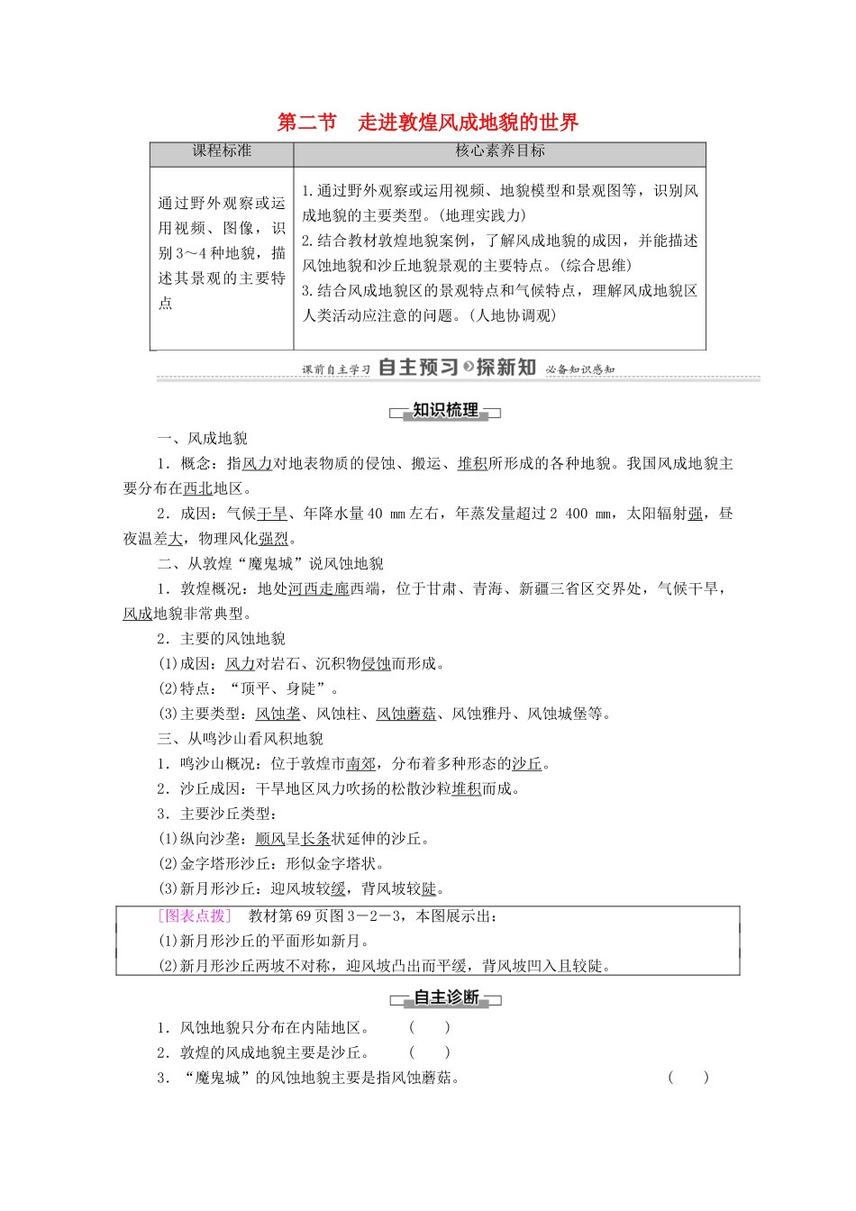 高中地理 第三单元 从圈层作用看地貌与土壤 第2节 走进敦煌风成地貌的世界学案 鲁教版必修第一册-鲁教版高中第一册地理学案_第1页