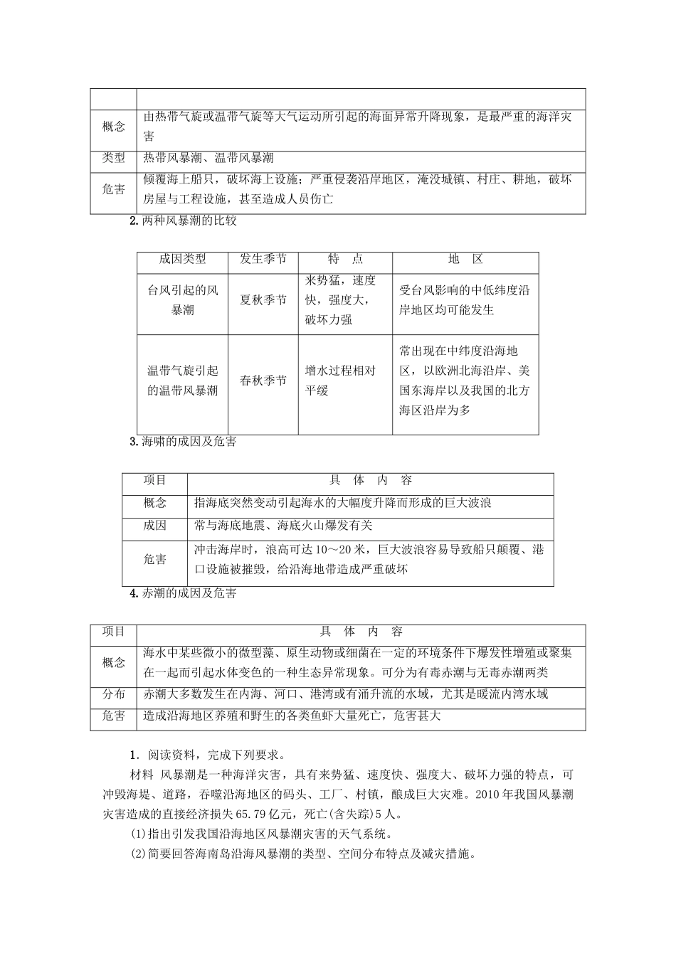 高中地理 第1章 自然灾害概述 第2节 自然灾害的类型与分布（第3课时）海洋灾害 生物灾害学案 湘教版选修5-湘教版高二选修5地理学案_第3页