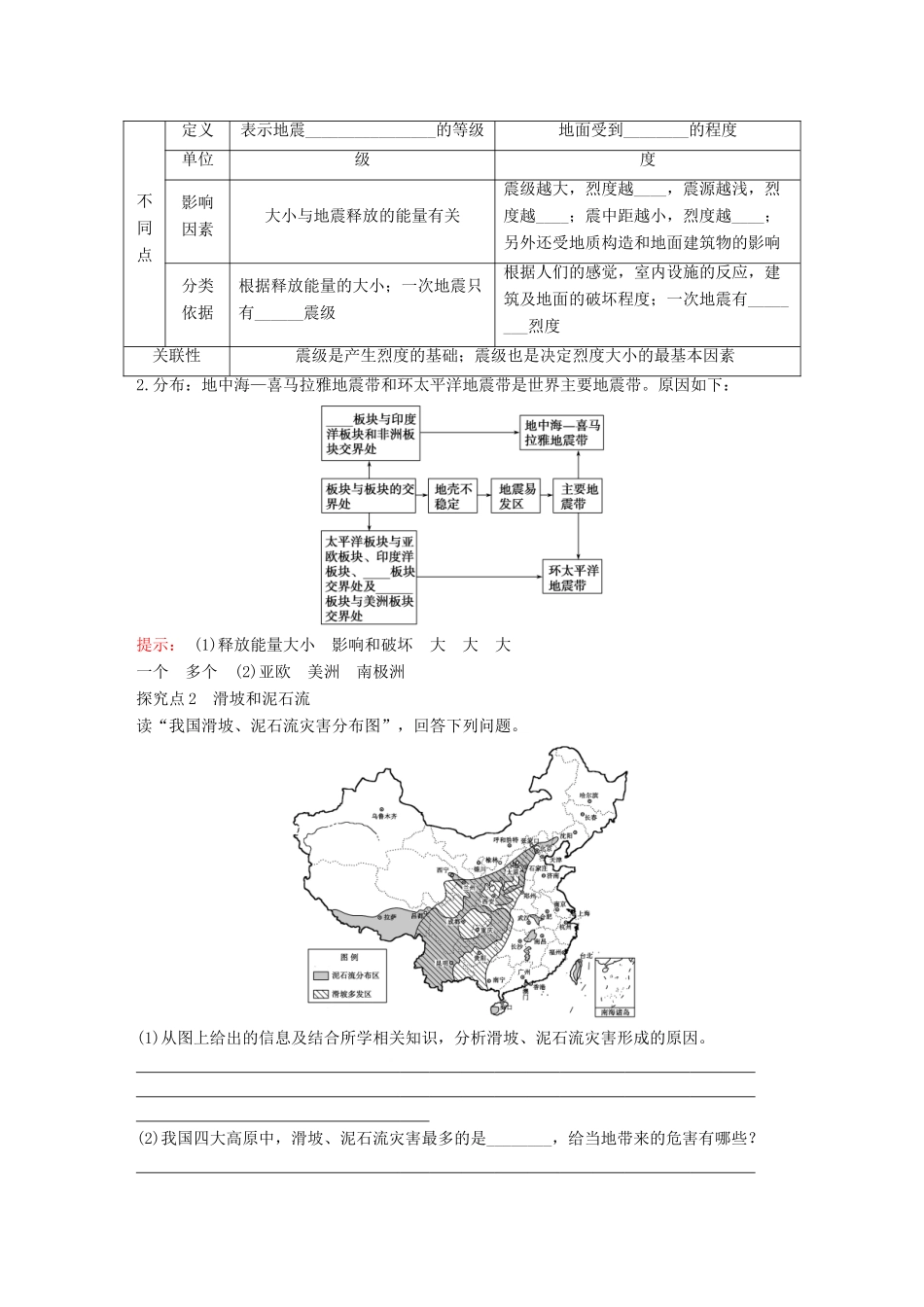 高中地理 第1章 自然灾害与人类活动 1.2.2地震、滑坡、泥石流等地质灾害教学案 新人教版选修5-新人教版高二选修5地理教学案_第3页