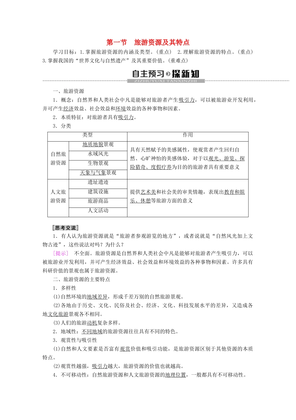 高中地理 第2单元 旅游景观欣赏与旅游活动设计 第1节 旅游资源及其特点学案 鲁教版选修3-鲁教版高二选修3地理学案_第1页
